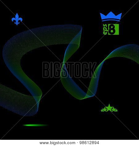 Three-dimensional motif elegant flowing curves, dark background in motion with five stars emblem
