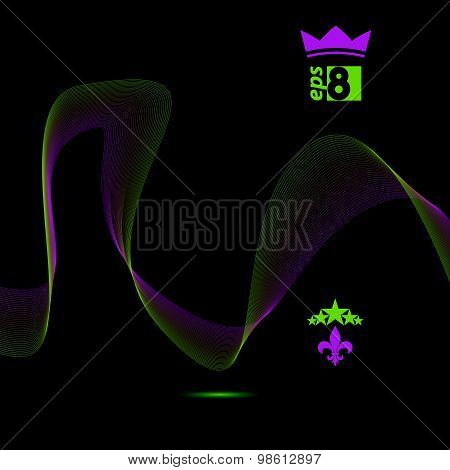 Three-dimensional motif elegant flowing curves, dark background in motion with five stars emblem
