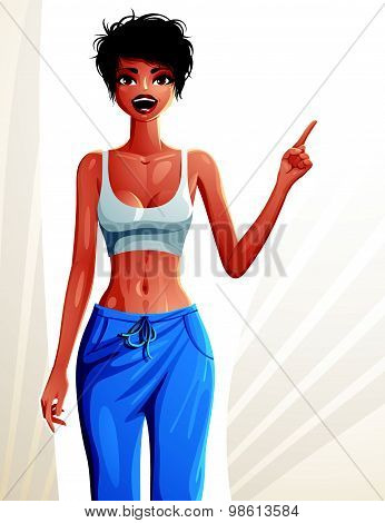 Attractive dark skin standing girl pointing at some empty copy space to side with her finger