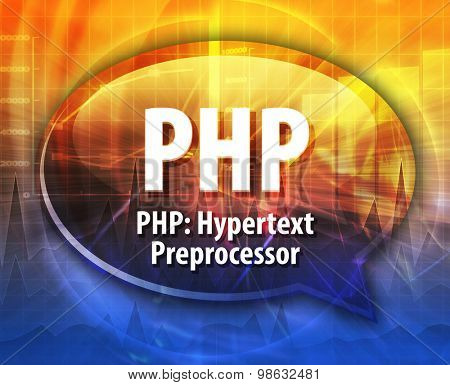 Speech bubble illustration of information technology acronym abbreviation term definition PHP Hypertext Preprocessor