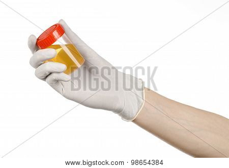 Medical Theme: Doctor's Hand In White Gloves Holding A Transparent Container With The Analysis Of Ur