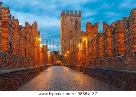 Night Ponte Scaligero in Verona, Italy.