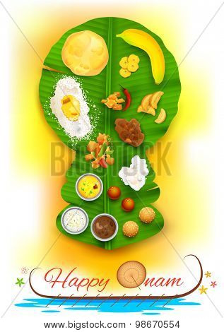 illustration of Onam feast on kathakali dancer shaped banana leaf