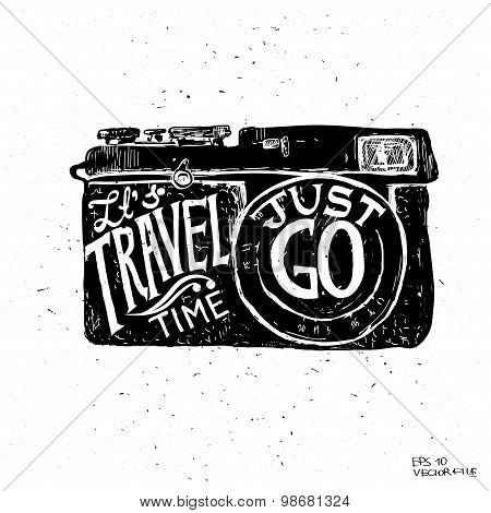Travel photo background with retro camera and landmarks cards vector illustration