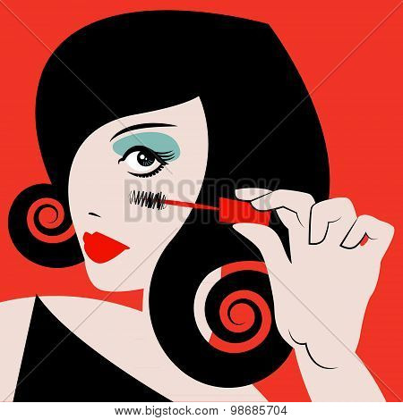 Woman Applying Mascara. Makeup.