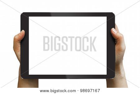 Black tablet in woman's hands isolated on white