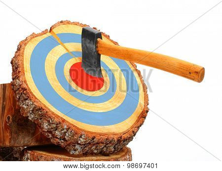 Tree cut and axe in the target isolated on white background. Firewood as a renewable resource of a energy. Success concept.