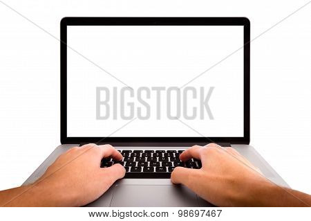 Man hands working on the laptop, photo taken with first person view in livingroom
