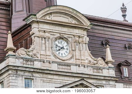 Montreal, Canada - May 27, 2017: Old Town Area With Hotel De Ville City Hall Closeup Of Clock And To