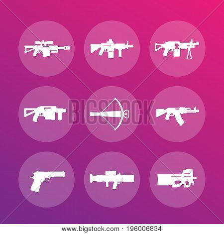 weapons, firearms icons set, sniper and assault rifles, machine gun, crossbow, pistol, grenade, rocket launchers