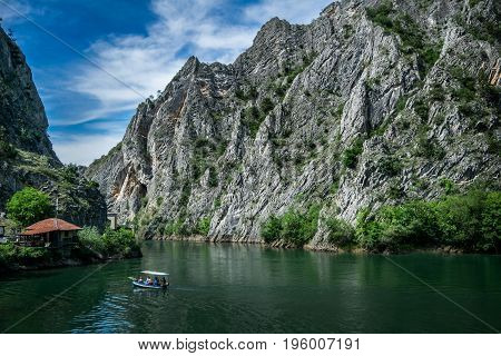 Motor boat in the lake of Canyon Matka in Macedonia