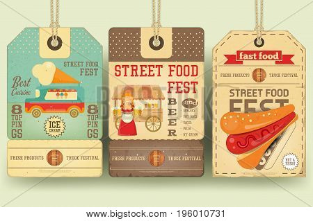 Street Food and Fast Food Truck Festival on Price Tags in Retro Style. Template Design. Advertising Ice cream Beer and Hot dogs. Vector Illustration.