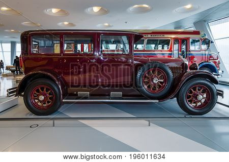 STUTTGART GERMANY- MARCH 19 2016: Vintage car Mercedes-Benz 12/55 PS Pullman-Limousine 1927. Mercedes-Benz Museum.