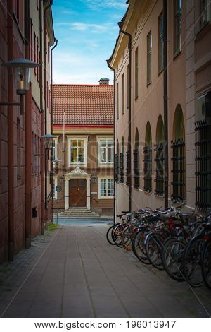 Old and narrow town street in old city Orebro Sweden Scandinavia Europe