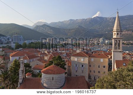 Panoramic view of the old and new parts of Budva. Summer 2017