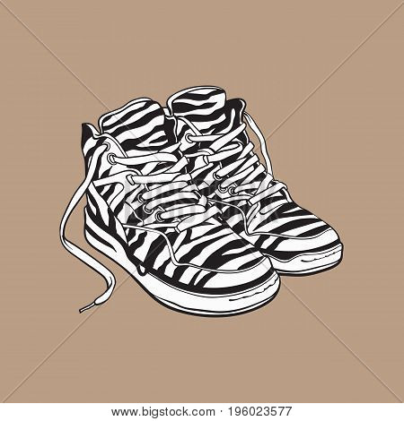 Pair of zebra patterned sneakers, sport shoes from 90s, sketch vector illustration isolated on brown background. Hand drawn pair of old fashioned, retro style sneakers from nineties, 90s pop culture