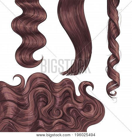 Set of shiny long brown, fair straight and wavy hair curls, sketch style vector illustration isolated on white background. Set of hand drawn realistic healthy, shiny brown, flaxen hair curls