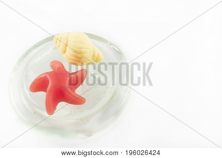 Star shaped soap and marni snail on a glass base. On a white background.