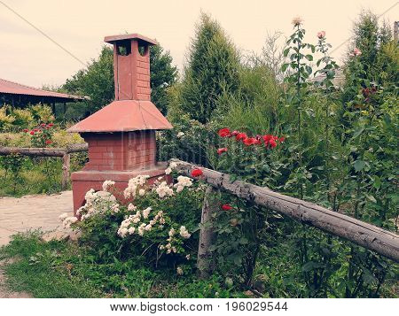 Barbecue In Summer Garden Among Trees And Beautiful Blooming Red, Pink And White Roses.