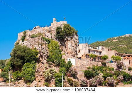 The Mountain Town Of Pratdip In Spain. Copy Space For Text. Isolated On Blue Background.