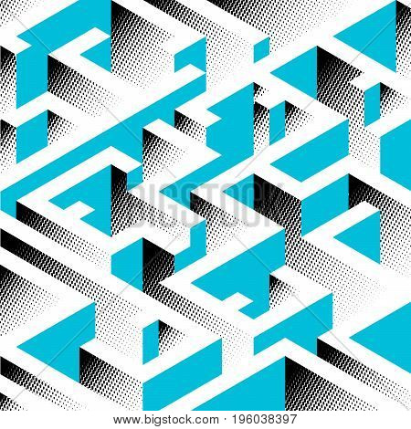 Abstract background in isometric style. A geometric maze. Texture of halfones.