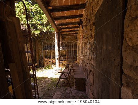 Medieval Courtyard In The Village Siurana De Prades, Tarragona, Catalunya, Spain.