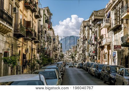 Palermo.Italy.May 26 2017.The narrow streets in the historical centre of Palermo . Sicily