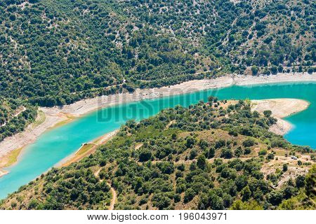 Reservoir Pantano De Siurana, Tarragona, Catalunya, Spain. Top View.