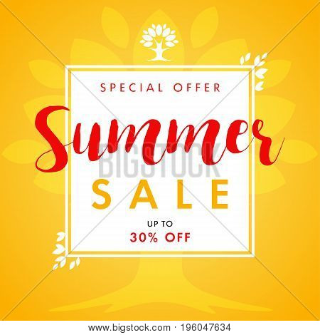 Summer Sale vector banner with text special offer and beautifal leaf border design. Summer SALE leaves and tree frame banner
