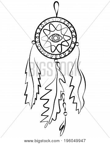 Dreamcatcher. Indian mascot with feathers and amulets from the evil eye. Vector, isolated on white. Ethnic design, boho chic, hipster. Element of design for clothing, interior decoration