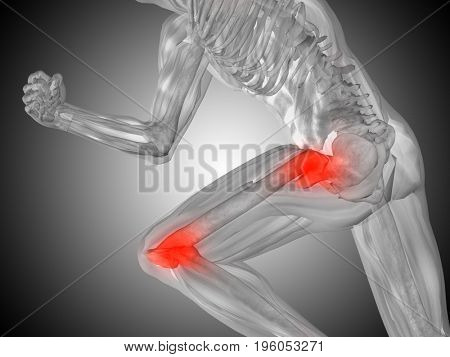 Conceptual 3D illustration human man anatomy or health design, joint or articular pain, ache or injury on gray gradient background