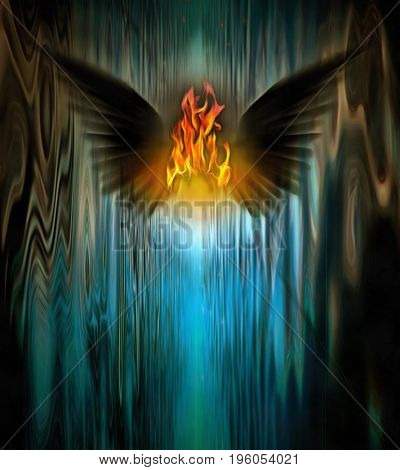 Surrealism. Fire between black wings.   3d Rendering