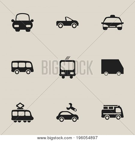 Set Of 9 Editable Transportation Icons. Includes Symbols Such As Drophead Coupe, Streetcar, Automotive And More