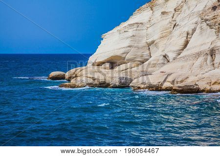 Rocks of white limestone form arches and grottoes on the shores of the Mediterranean Sea. Geological phenomenon in the north of Israel. The grottoes of Rosh Ha Nikra
