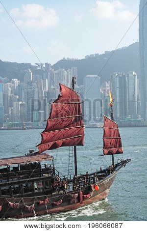 Chinese sailing ship in Hong Kong Victoria Habour 