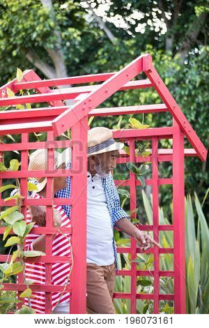 Senior couple walking under metallic structure in yard