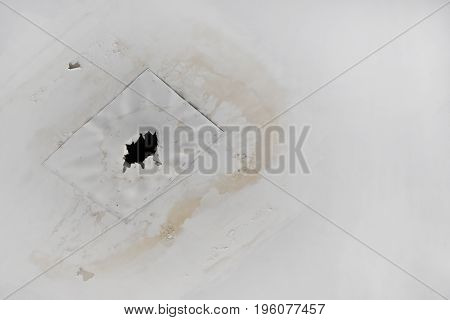 Rainwater leaks from the roof cause damage to the ceiling and tiles and gypsum board empty space for text.