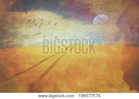 Surreal deserted sand dune landscape with vehicle tracks disappearing over the horizon. Vintage grunge textured digital photo manipulation.