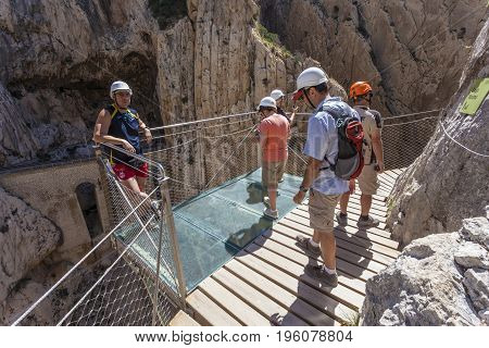 El Chorro Spain - May 31 2017: People at the hiking trail 'El Caminito del Rey' - King's Little Path former world's most dangerous footpath wich was reopened in May 2015. Ardales Malaga province Spain