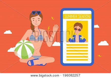 young woman wearing swimsuit with smartphone. Flat design.