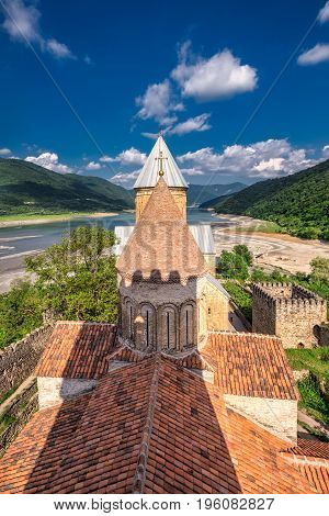 Castle complex with church on Aragvi river Ananuri, Georgia.