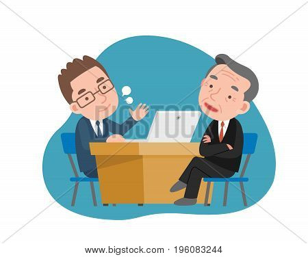 An angry boss and sad employee. vector illustration.