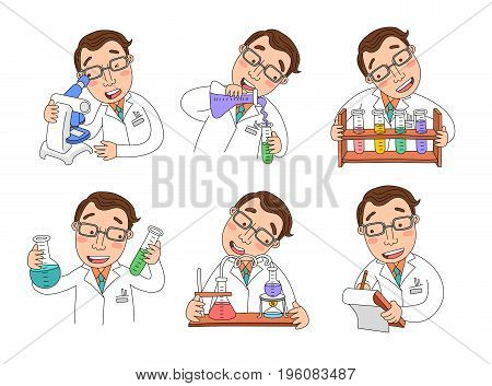 male scientist characters at work | Concept design on chemistry laboratory specialists working on research and exploration