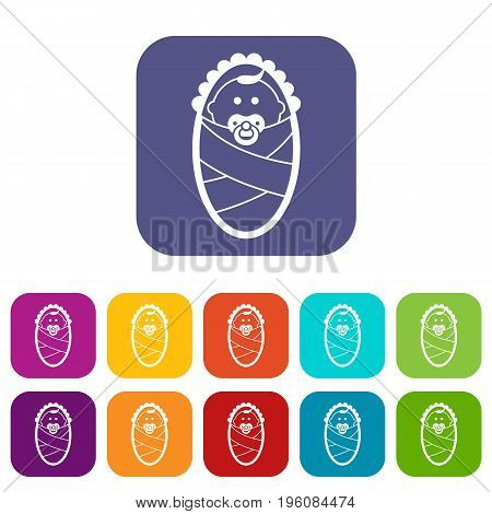 Newborn icons set vector illustration in flat style in colors red, blue, green, and other