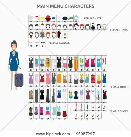 Character Creation Flight Attendant | set of vector character illustration use for human, profession, business, marketing and much more.The set can be used for several purposes like: websites, print templates, presentation templates, and promotional mater
