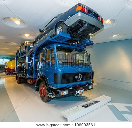 STUTTGART GERMANY- MARCH 19 2016: Car transporter heavy duty truck Mercedes-Benz 1634 1980. Mercedes-Benz Museum.