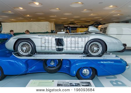 STUTTGART GERMANY- MARCH 19 2016: The racing sports car Mercedes-Benz 300 SLR on the trailer 1955. Mercedes-Benz Museum.