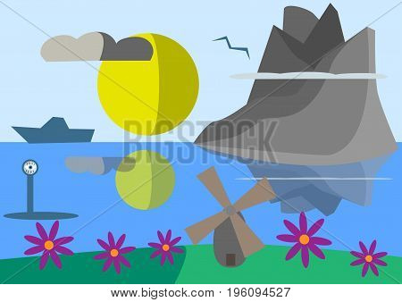 Summer landscape with mountains and ship drawing