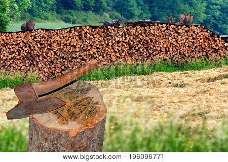 Long stacked firewood stock for winter chopping wood with ax on a large meadow in the countryside.