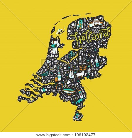 Hand drawn map of Holland. Cartoon illustration made in vector